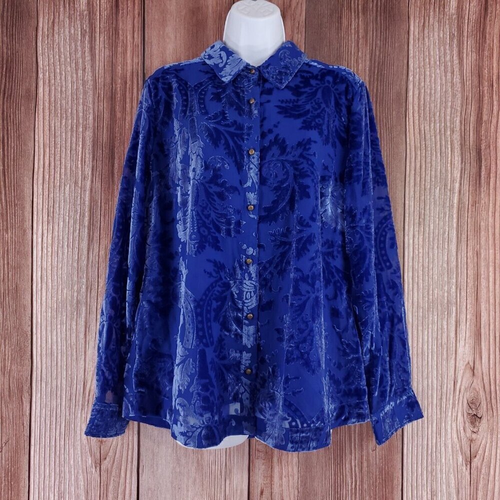 NWT Soft Surroundings Womens L Sapphire Blue Floral Velvet LS Shirt Tunic Top